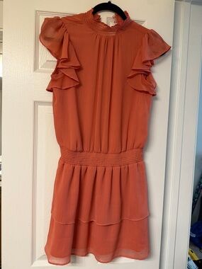 Express Womens Rust Ruffle Sleeve Smocked Waist Dress